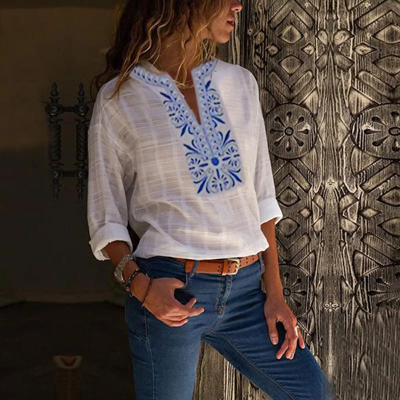 Boho Chic хлопковая льняная блузка длинная рубашка этнический стиль женские топы