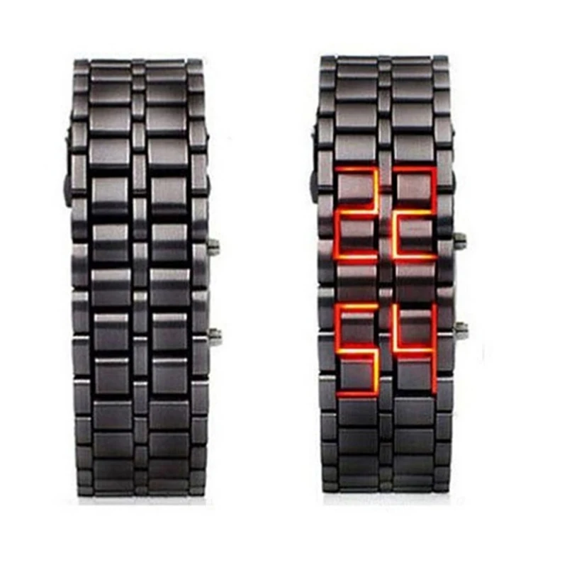 

Iron Metal Red LED For Men Boy Sport Simple Wathes Fashion Black Full Metal Digital Lava Wrist Watch