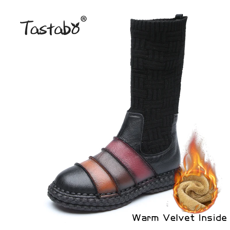 Tastabo Boots Women Genuine Leather Boots Shoes Woman Autumn Handmade Lady soft Flat shoes Casual Women's shoes - Цвет: Black