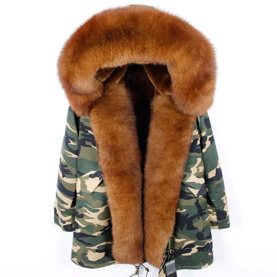 OFTBUY, пальто с натуральным мехом, зимняя куртка, Женская длинная парка, Воротник из натурального Лисьего меха, капюшон, подкладка из искусственного меха, Свободное пальто, ins, модная новинка - Цвет: Camouflage brown