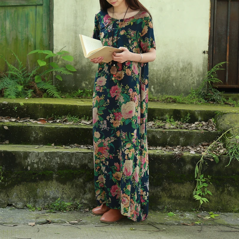 LZJN оригинальный до пола с короткими рукавами летнее платье из хлопка и льна халат