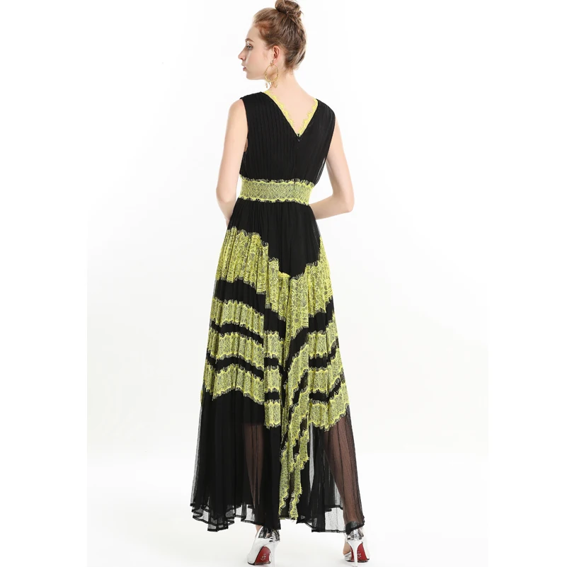 

High quality 2019 new designer Runway summer long dress Women's sleeveless Sexy V-neck lace vintage pleated party Maxi dress