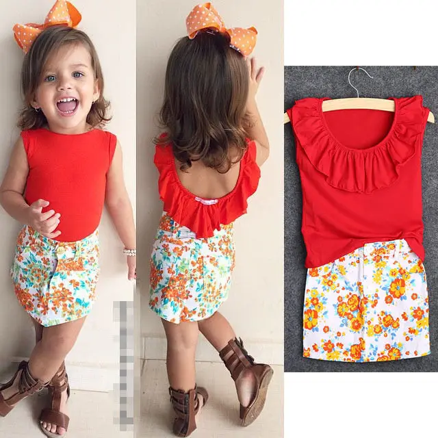 hot new Fashion 2pcs Kids Baby Girls o-neck short sleeve T-shirt Tops+ floral Mini Skirt Outfit Clothes Set | Детская одежда и