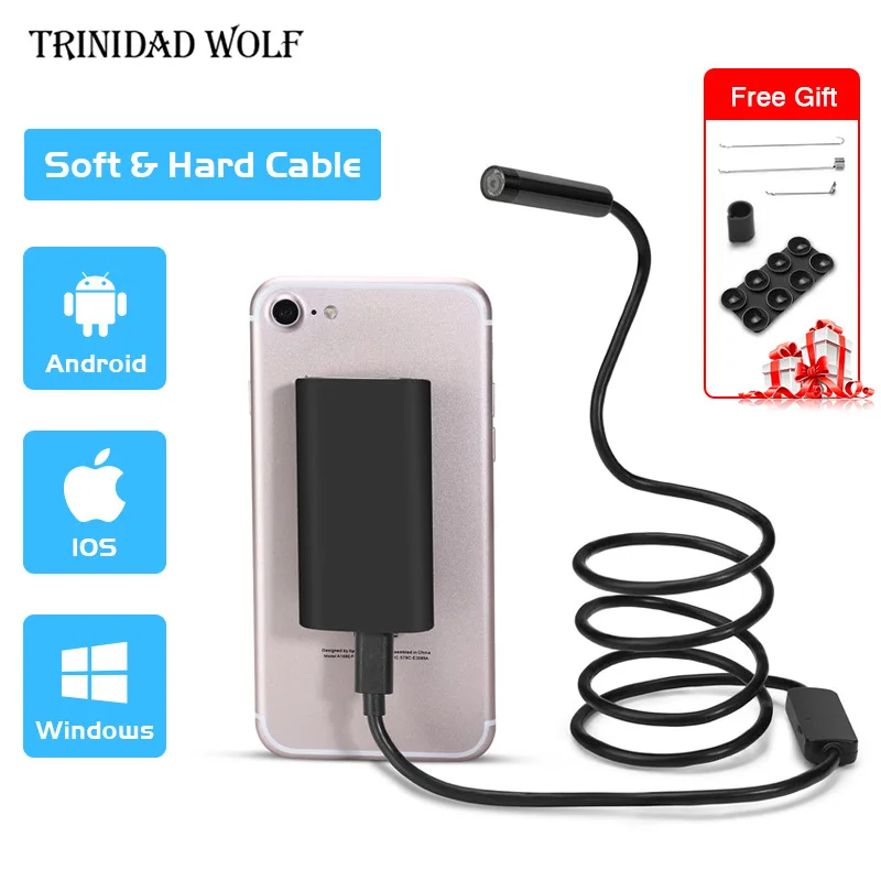 TRINIDAD WOLF wifi эндоскоп камера жесткий мягкий кабель Инспекционная камера 8 мм 1 м IOS USB эндоскоп бороскоп для Iphone 7 6 8 5 X