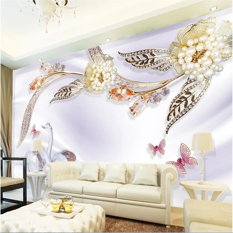 

beibehang Customize any size wallpaper fresco photo luxury pearl flower swan 3d living room bedroom TV backdrop papel de parede