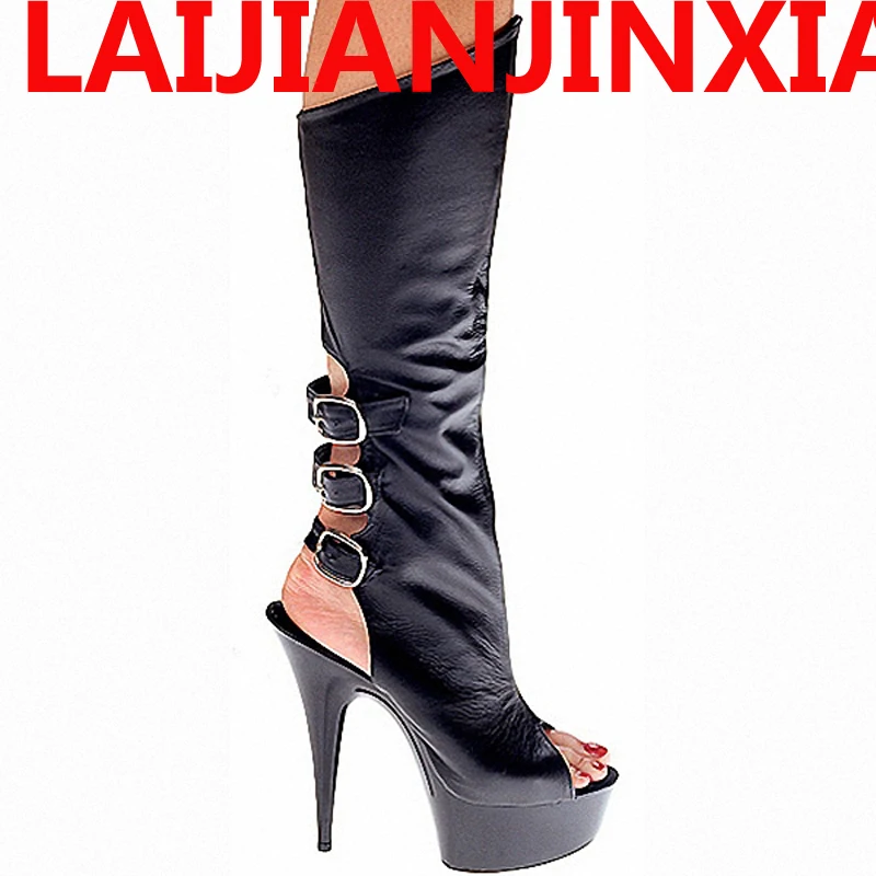 LAIJIANJINXIA Open Toe 15cm Platforms High Heel Shoes, Pole Dance Shoes/ Model Shoes Mid Bootie Sexy Knee-High Boots B-059