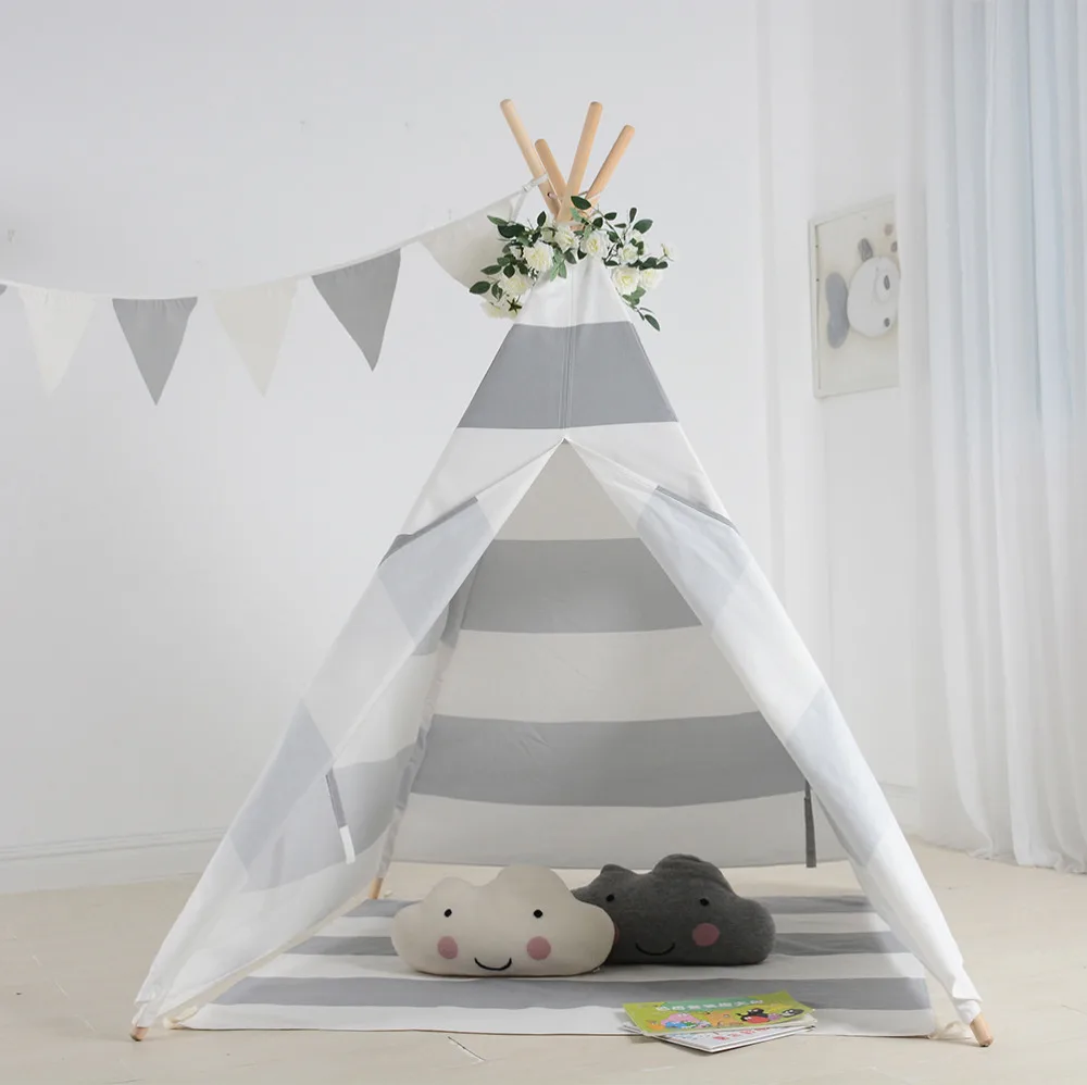 Серая Игровая палатка в полоску для маленьких детей домик Tipi холст вигвам игра