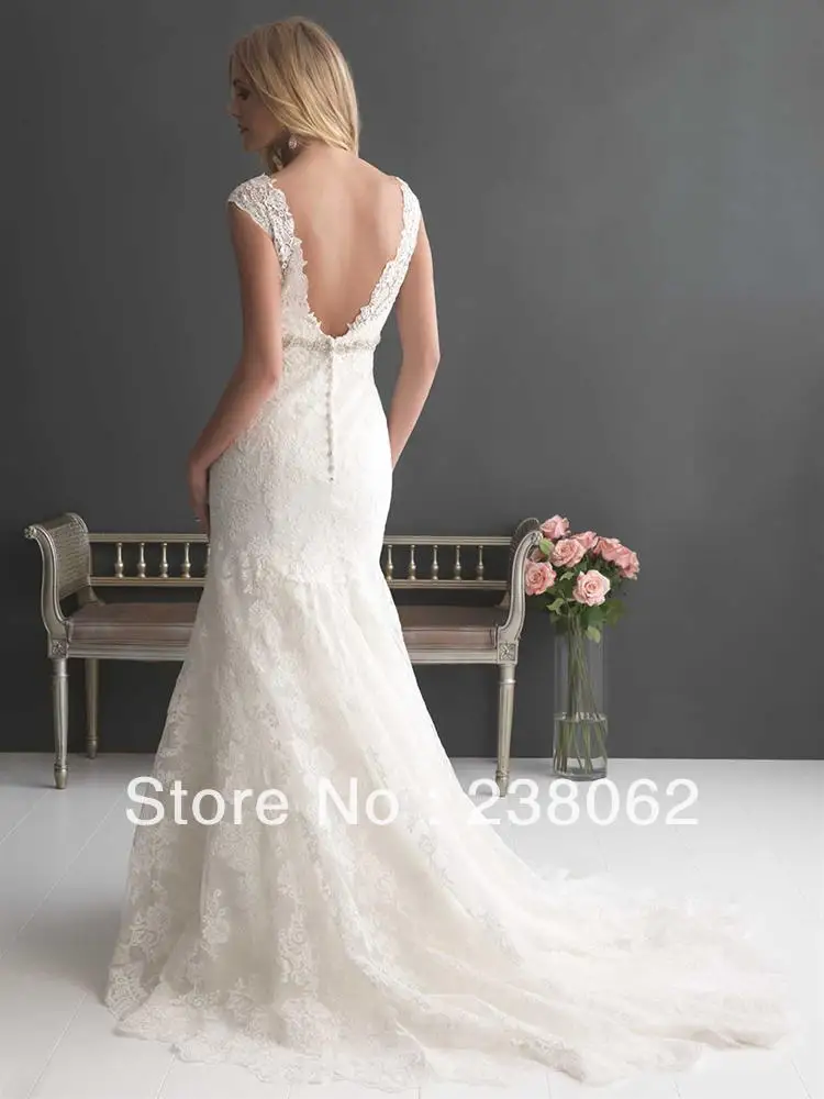 Custom Made Floor Length Lace Appliques White V Neck Zipper Wedding Dress 2014 New Sexy | Свадьбы и торжества