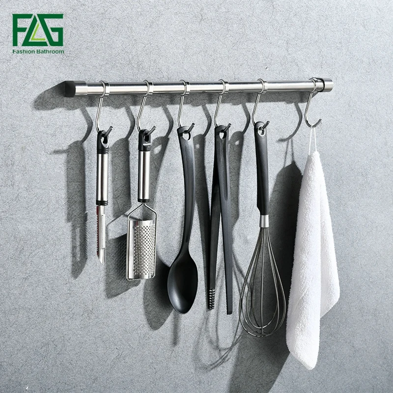 FLG Kitchen Racks Accessories Towel Holder with 6 Stainless Steel Hook Brushed Nickel Wall Mounted Shelves | Обустройство дома