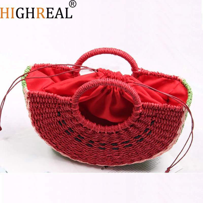 

HIGHREAL New Handmade Bag Women Pompon Beach Weaving Ladies Paper Straw Bag Wrapped Beach Bag Moon Shaped Bag Red Dropship