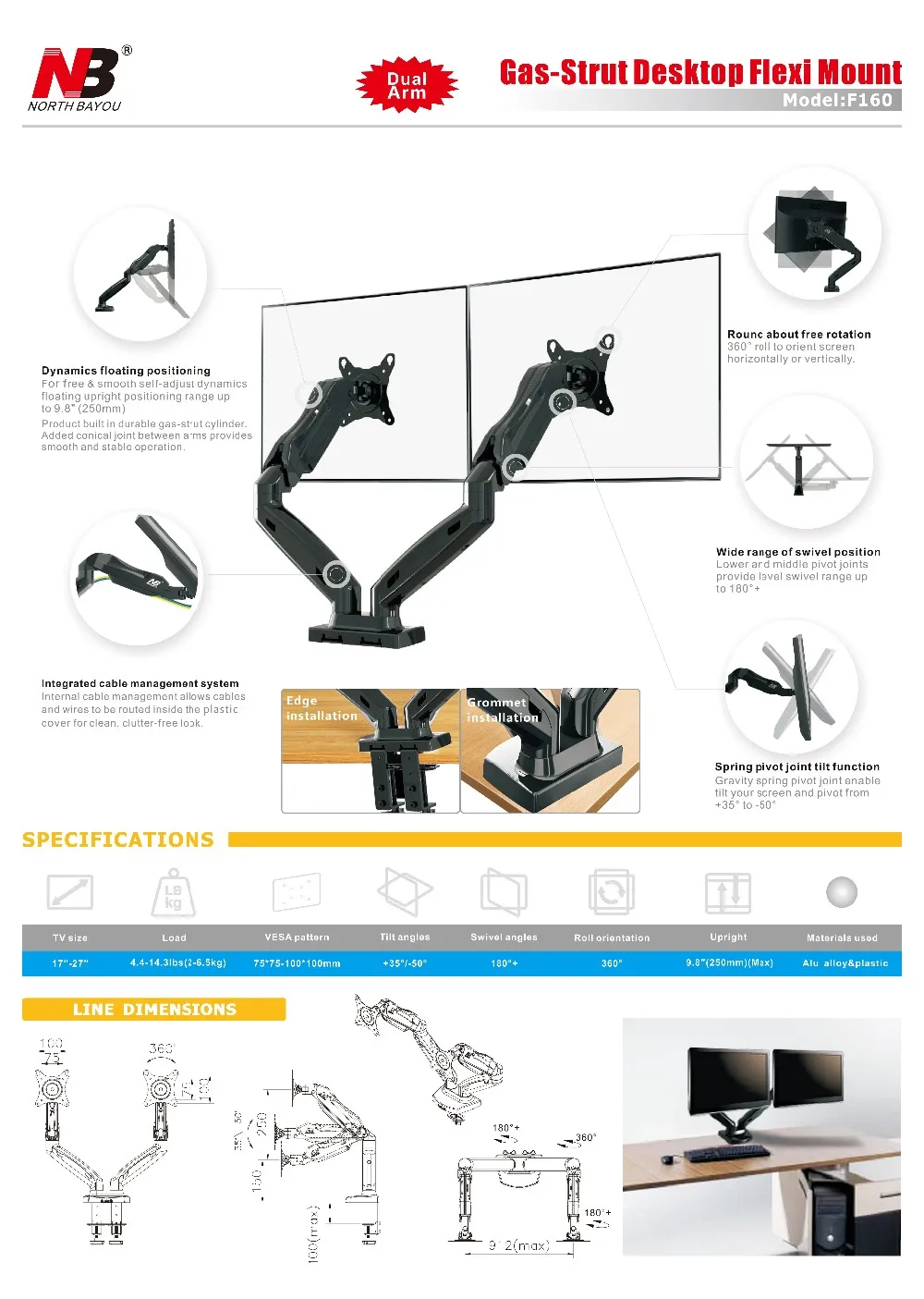 Dual Monitor держатель NB F160 2 кронштейн для монтажа экрана газа весна 360 градусов рабочего 1"-27" двойной монитор держатель рука Полная движения ТВ крепление