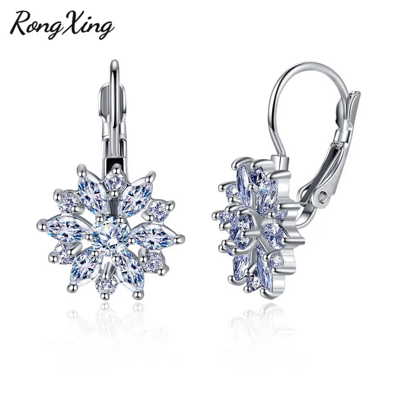 RongXing Shining White Snowflake Hoop Earrings For Women Silver/Gold Filled Marquise Cut Stone Zircon Birthstone Gifts | Украшения и