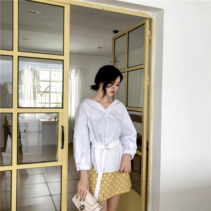 Lychee девушки на шнуровке Блузка с поясом Глубокий V образным вырезом три четверти