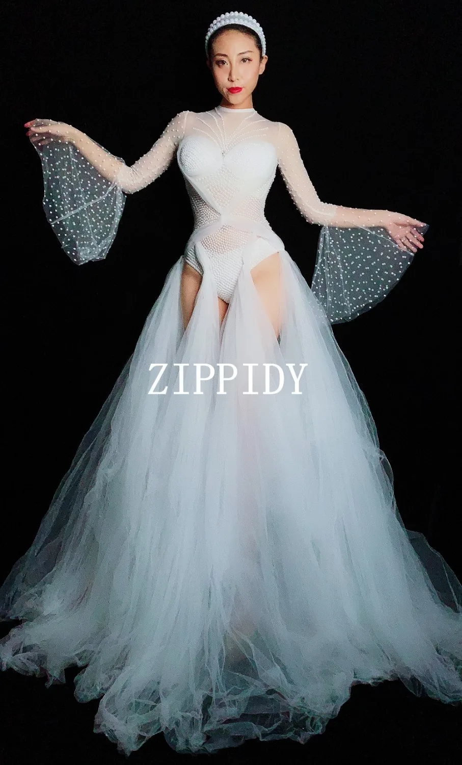2019 White Rhinestones Mesh Bodysuit Nightclub Stage Female Singer Costume Women's Birthday Outfit Bar Dance See Through Outfit