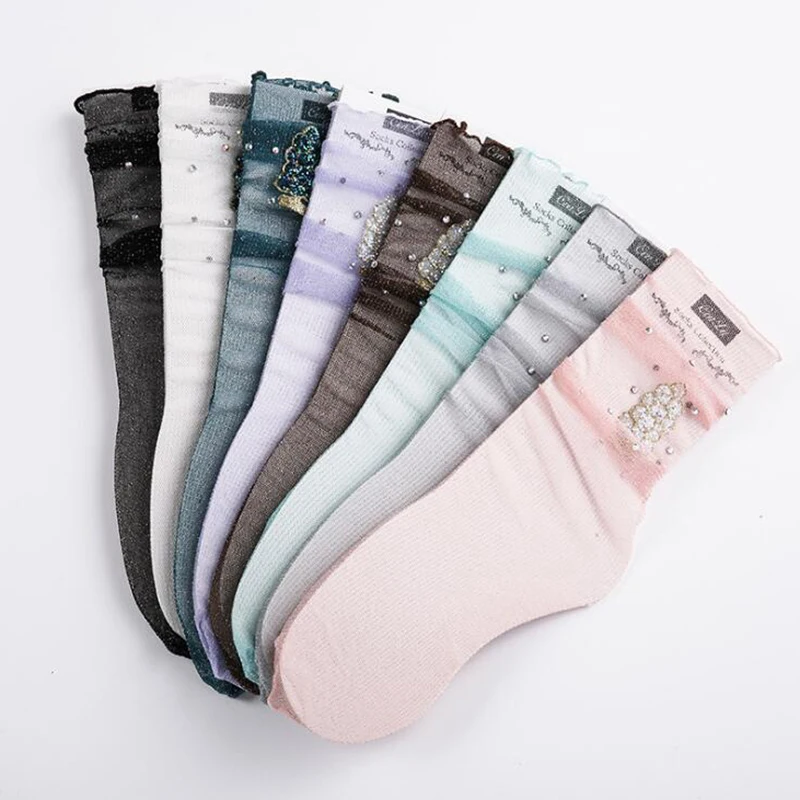 Модные прозрачные носки из тюля для женщин и девочек тонкие с блестящими