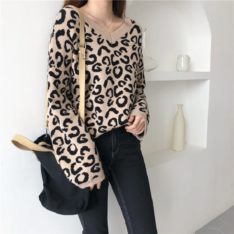 Корейская Уличная Повседневная Leopard цвет двойные v-образным вырезом свитер