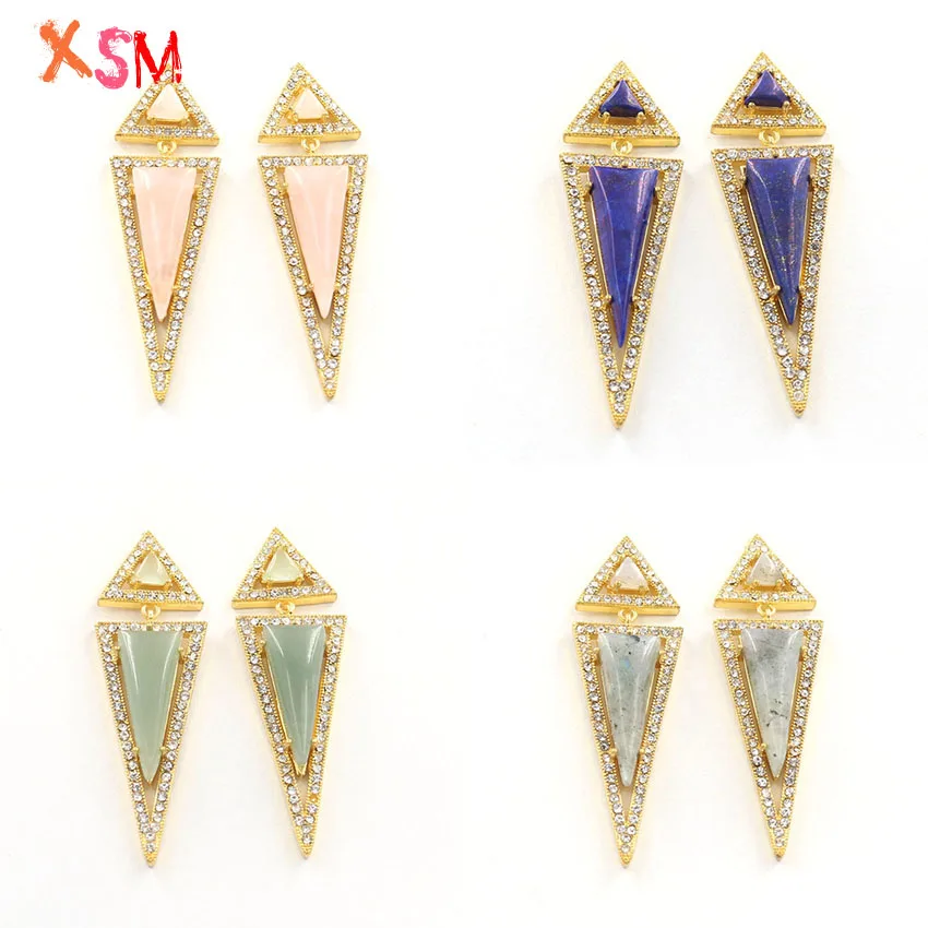 

Light Yellow Gold Arrowhead Ear Studs Natural Mixed Stone Triangle Crystal Rhinestone Inlay Long Tassel Female Earrings 1 Pair