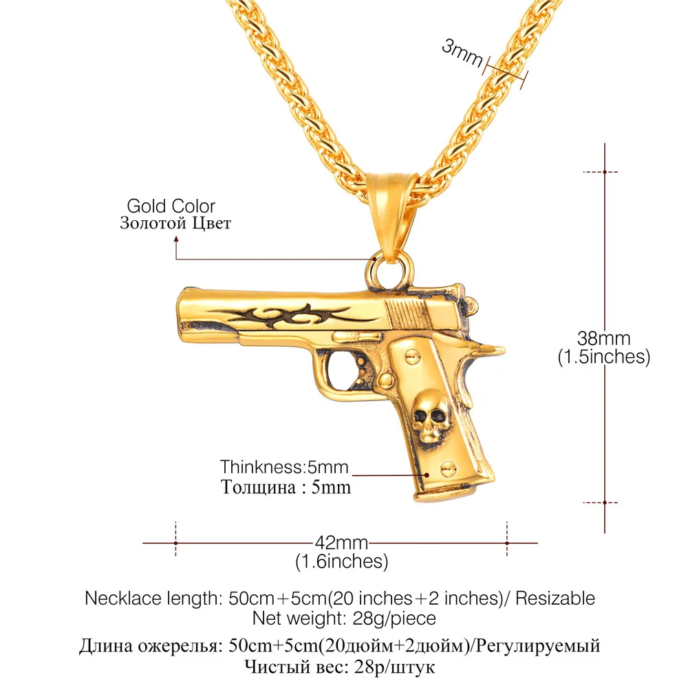 M9 ожерелье подвеска в виде пистолета нержавеющая сталь/золото/черный хип хоп