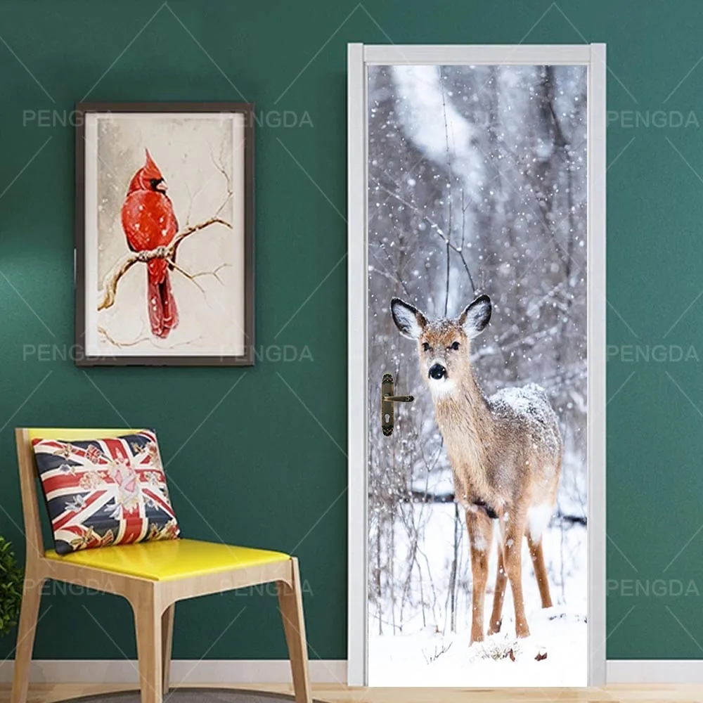 Самоклеющиеся наклейки на дверь в спальню DIY ремонт животных Олень леопарды Фреска водонепроницаемый холст печать картина новое украшение дома