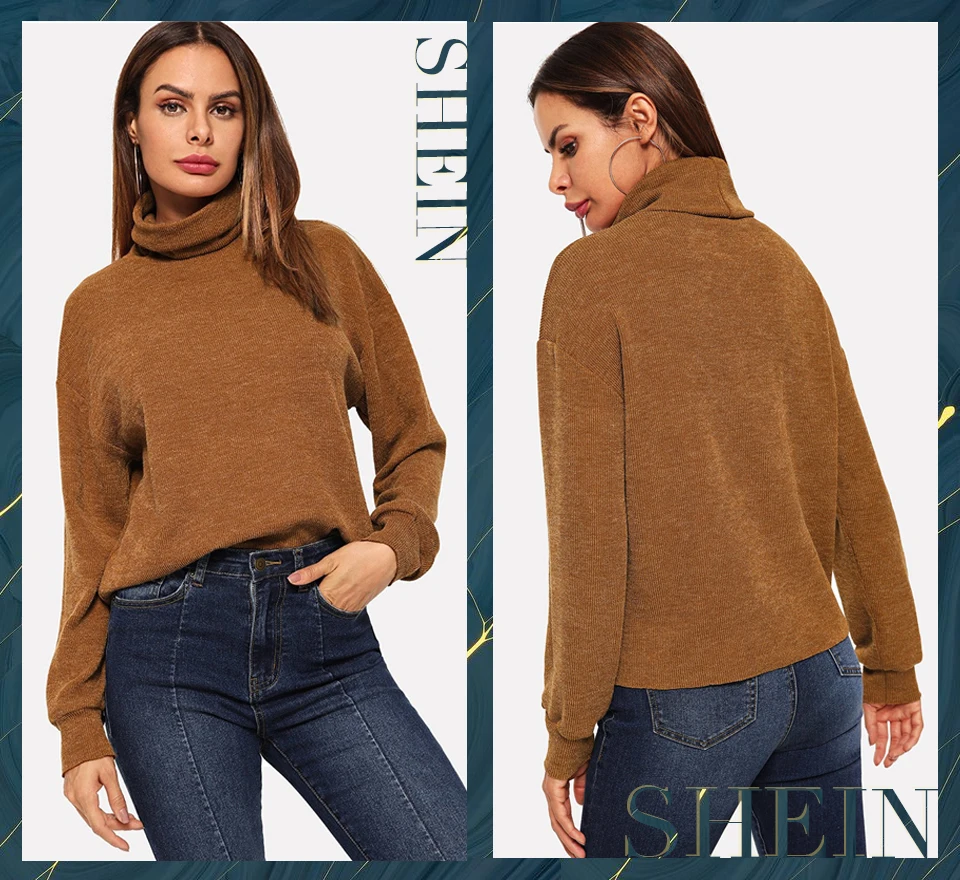 SHEIN Одноцветный Пуловер С Высоким Вырезом Повседневные Джемперы С Длинным Рукавом С Высоким Воротником Женская Осенняя Толстовка