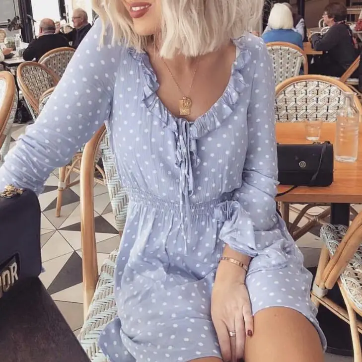 Женское винтажное платье в горошек с оборками и расклешенными рукавами 2019 |