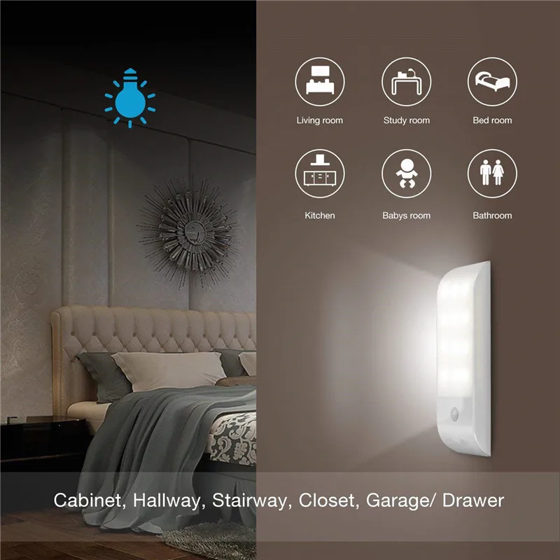 12 LED Light DC 3V PIR Motion Sensor Cabinet light Energy Saving USB Closet For Bedroom Indoor Stair Wall Door | Лампы и освещение