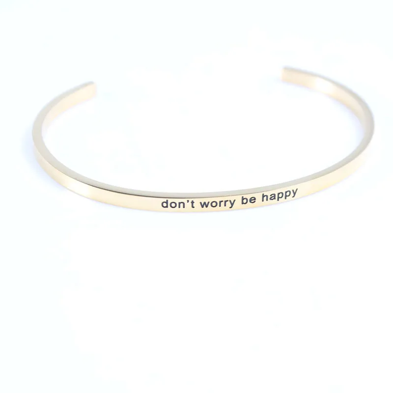 Silver Rose Gold Don't Worry Be Happy 316L Stainless Steel Bangle Engraved Positive Inspirational Quote Mantra Bracelet | Украшения и