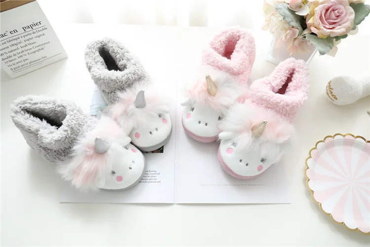 ASILETO Winter cartoon unicorn slippers fur Cotton shoes indoor floor lovely slippers Fluffy slip on cozy size 35-40 Pantoufle