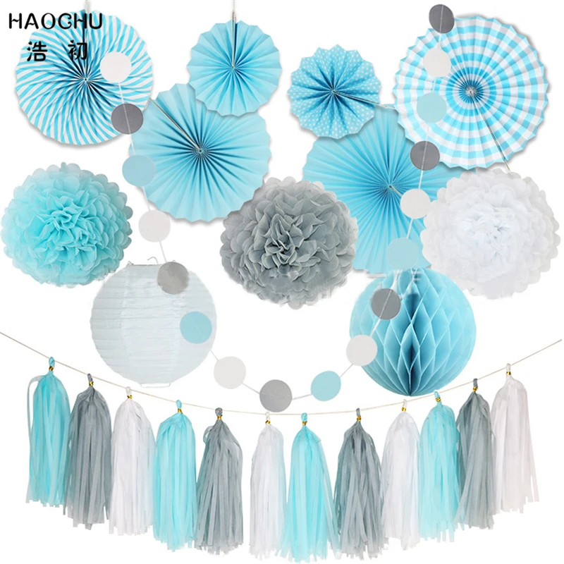 

HAOCHU 24pcs/set Dots Stripe Paper Fan 10'' Tissue Paper Honeycomb Balls for Baby Shower Blue Wedding Room Decor Party Favors