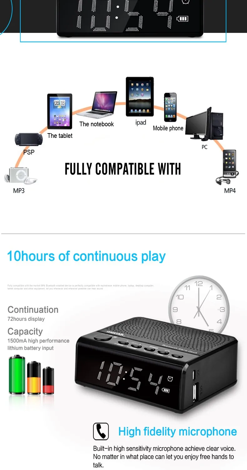 Leadstar портативный Bluetooth динамик беспроводной светодиодный Будильник fm-радио с TF/USB портом для телефона