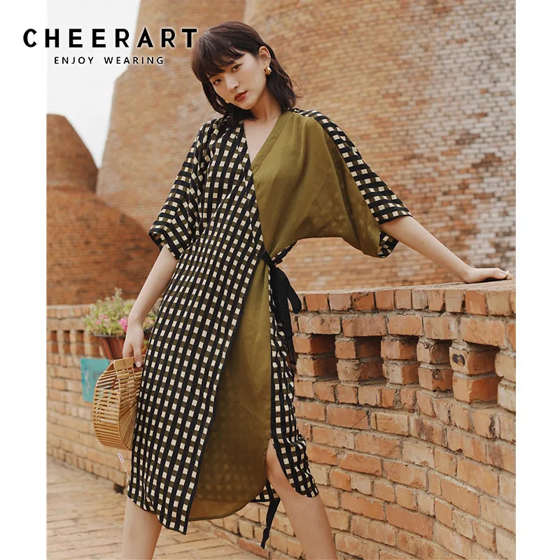 Винтажное платье Cheerart с запахом и V образным вырезом женское шифоновое зеленое