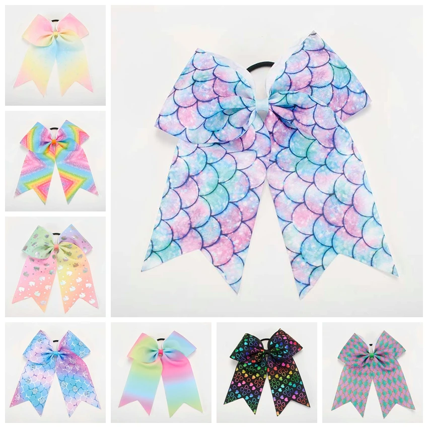 1pcs/lot 7 &quot colorful ribbon pattern With Elastic Band Handmade girl Headwear Cheer Bow Hair Bands | Дом и сад