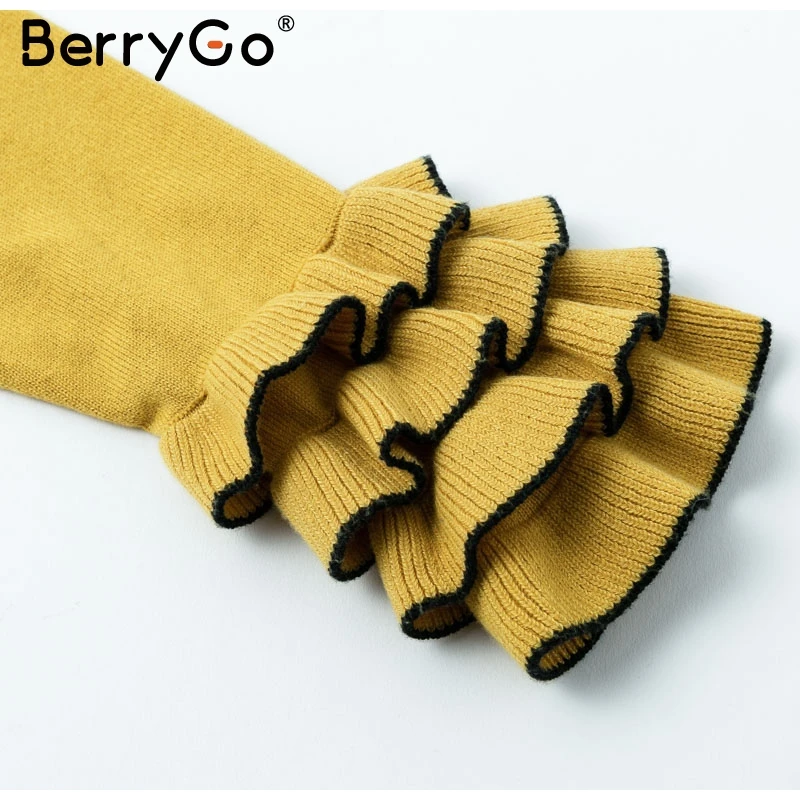BerryGo Elegant ruffles knitted winter sweater 2018 pull femme Women casual pullover Autumn ladies sweaters slim female jumpers | Женская