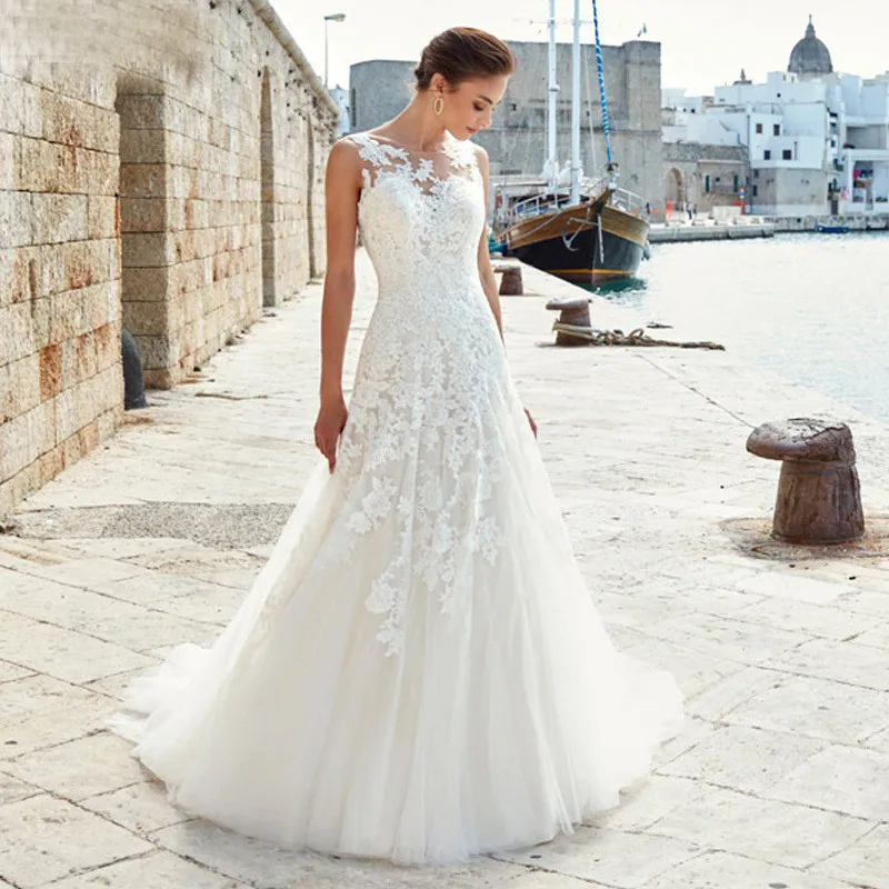 

Exquisite Elegant A Line Wedding Dress Lace Applique Bridal Gown Sweep Train Button Back Robe De Mariage Custom Made