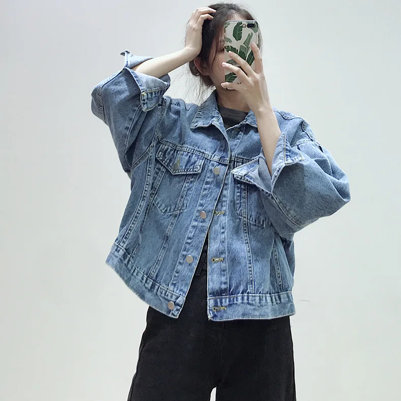 

Rlyaeiz High Quality 2019 Spring Casual Short Denim Jacket Women Big Pockets Patchwork Jacket Denim Fashion Bomber Jean Coats