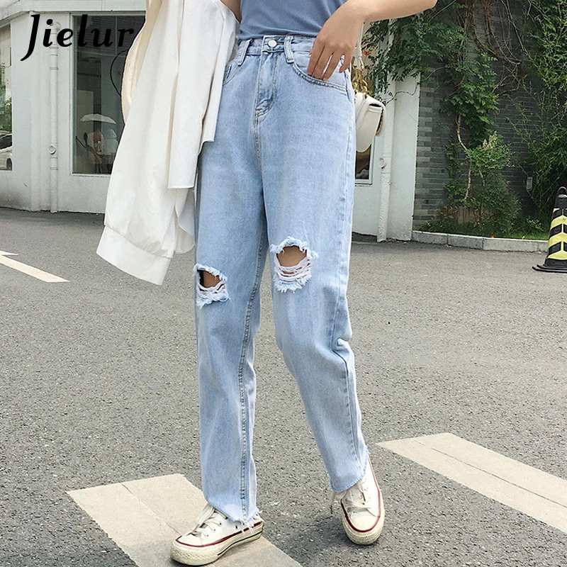 Jielur женские дырявые джинсы хипстер Свободная юбка-карандаш с завышенной талией джинсы женские джинсовые брюки новые Spodnie Damskie Blue синие джинсы Femme