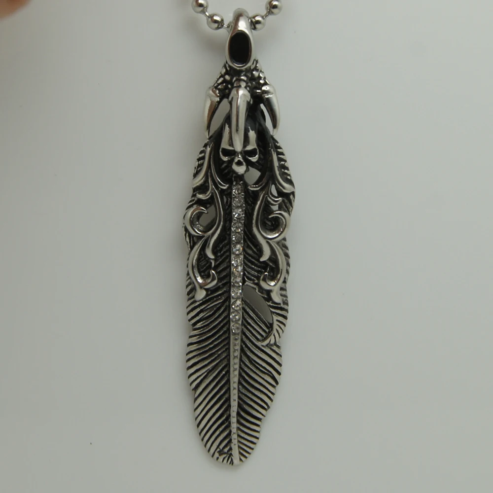 

cool cz skull claw feather 316L stainless steel necklaces & pendants free shipping men jewelry