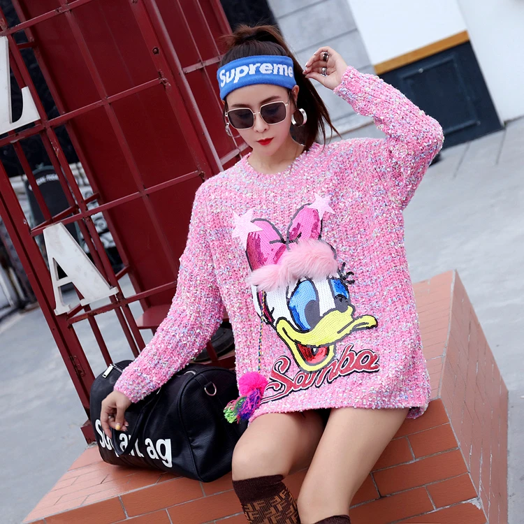 Girl Students Sweet Cartoon Duck Sequins Sweater Pretty Pink Long Knitted Wear Tops Large Size Casual Loose Pullovers | Женская одежда