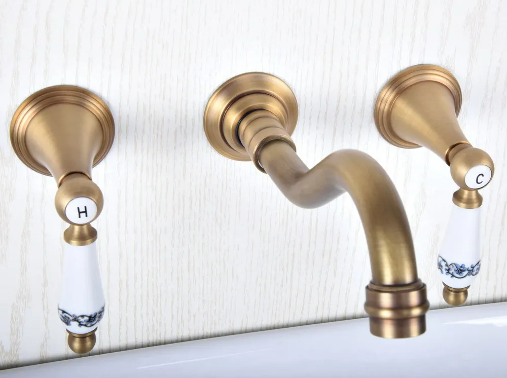 

Antique Brass Widespread Wall-Mounted Tub 3 Holes Dual Ceramic Handles Kitchen Bathroom Tub Sink Basin Faucet Mixer Tap asf515