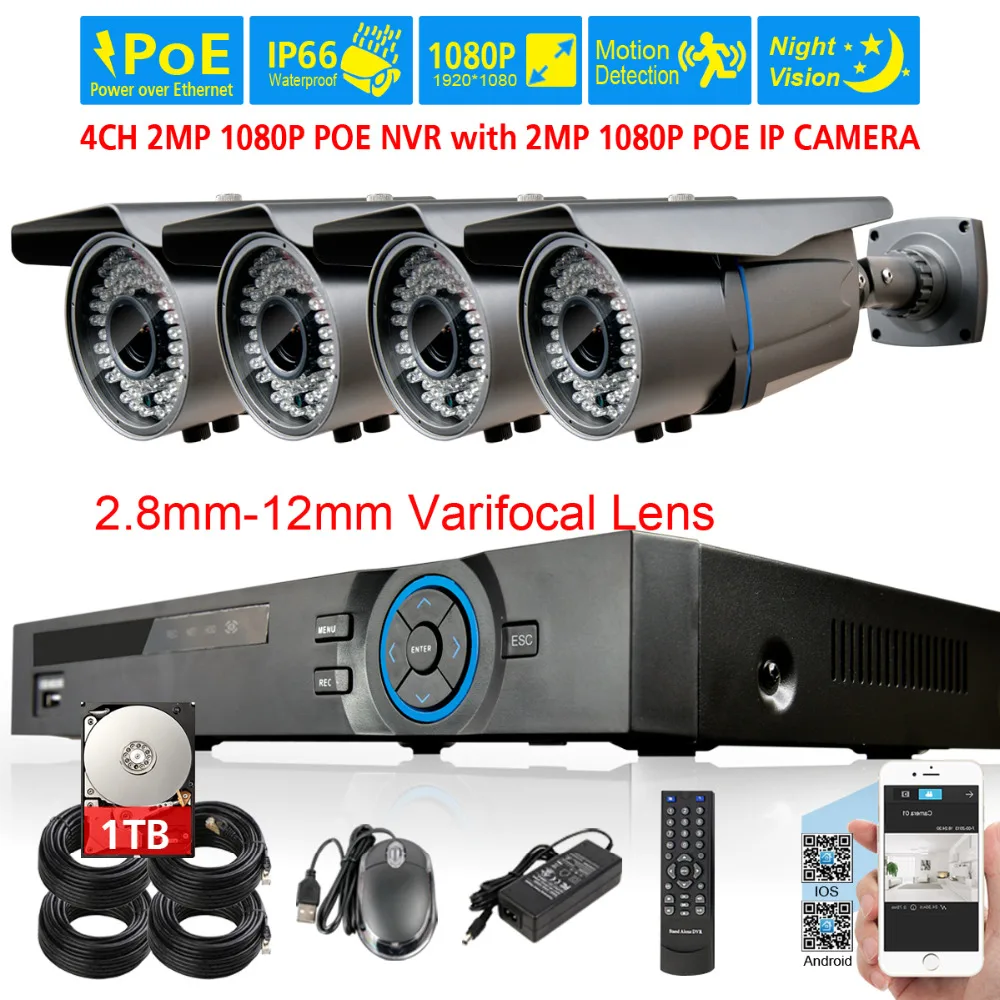 48 В 4ch POE 1080 P NVR CCTV Системы 4 шт. 2.0mp Открытый IP Камера 2.8 мм 12 объектив с переменным