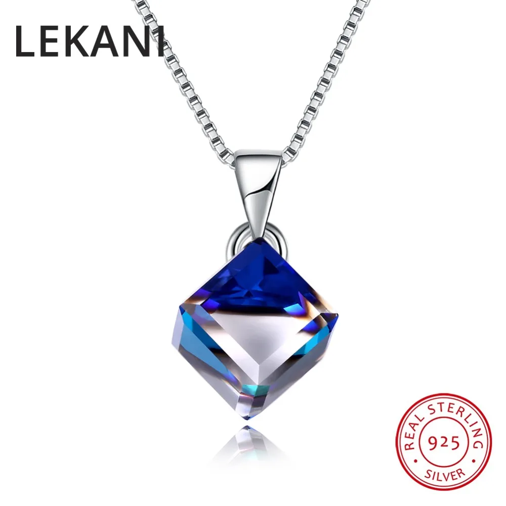

LEKANI Crystals From Swarovski Blue Cube Pendant Necklace Simple Trendy Collars Real S925 Silver Fine Jewelry For Women Girls