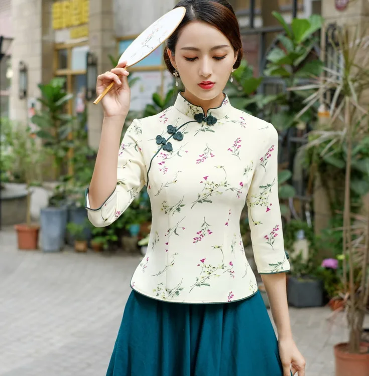 Sheng Coco Китайская традиционная одежда Hanfu женская рубашка Ципао Китай Mujer элегантная Древняя китайская блузка Чонсам Цветочные Топы