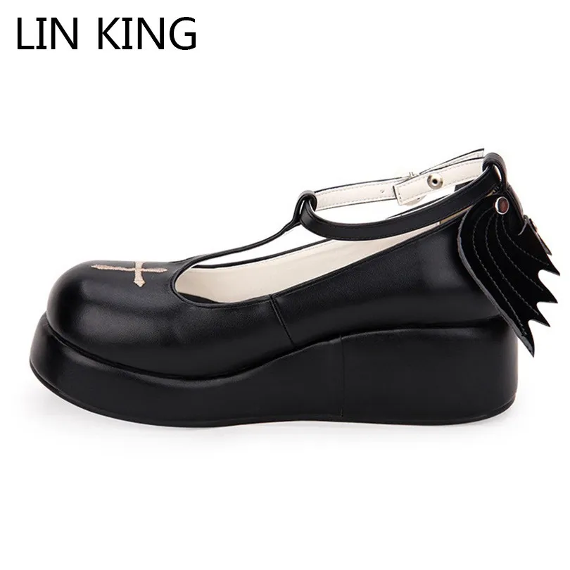 LIN KING/Демисезонные женские туфли-лодочки на танкетке; туфли на платформе с круглым носком и пряжкой; повседневные туфли Лолиты с крыльями ангела; женская обувь для костюмированной вечеринки