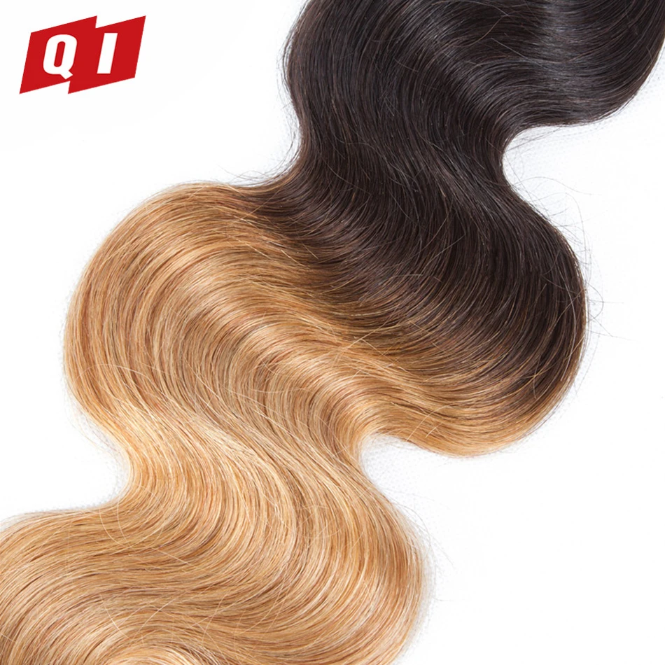 QI Hair Body Wave 100% Malaysian 3 Bundles With 4*4 Lace Closure 4 Pcs/Pack Pre-Colored 1B/27 Human | Шиньоны и парики