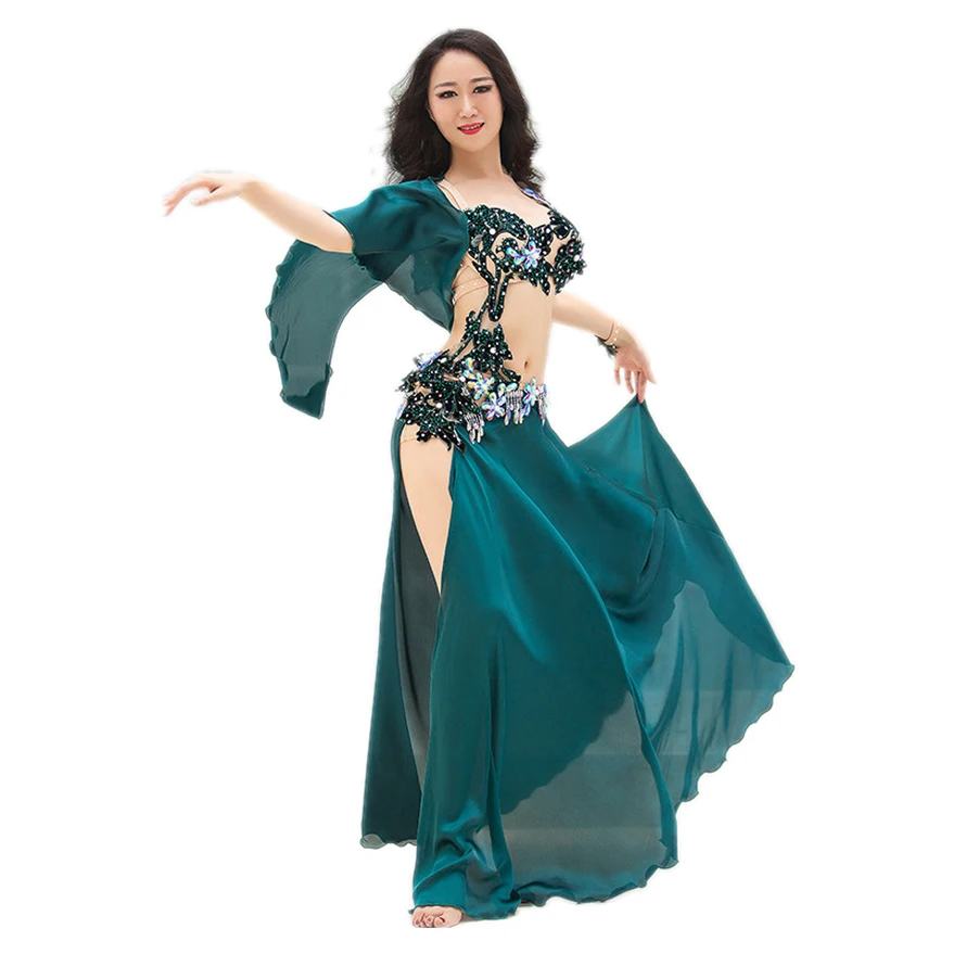 Deep Green Женский костюм для танца живота, комплект из 2 предметов, бюстгальтер, юбка, платье для танца живота, одежда, Восточный Костюм для танца живота, профессиональная Одежда для танцев, наряд - Цвет: Deep Green