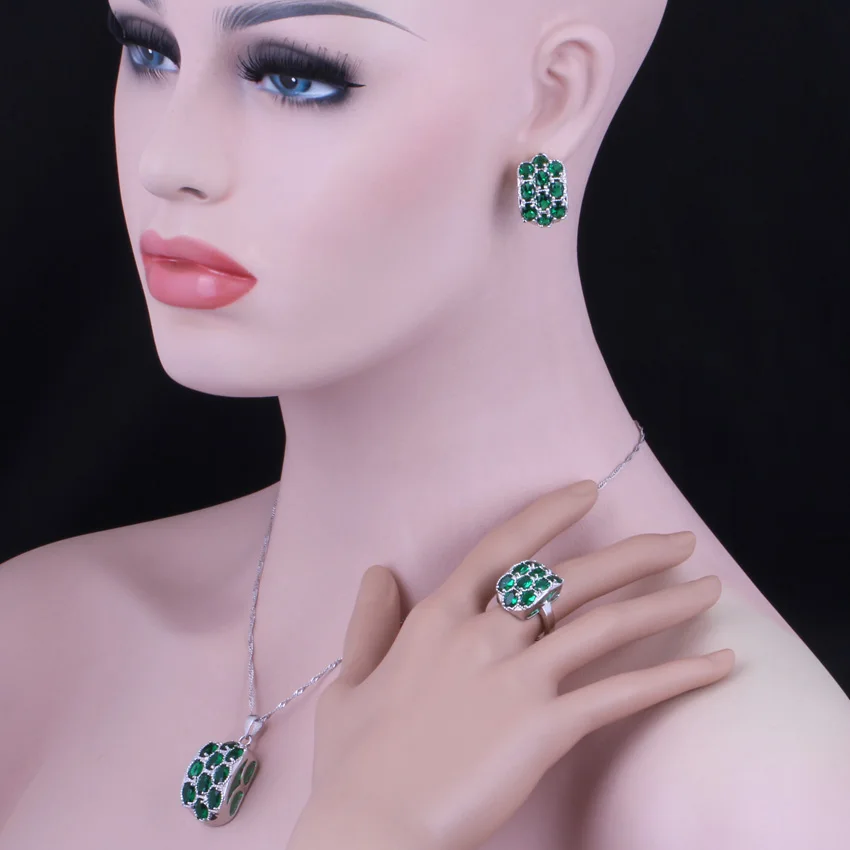 Выдающийся зеленый кубический цирконий Посеребренные Ювелирные наборы серьги