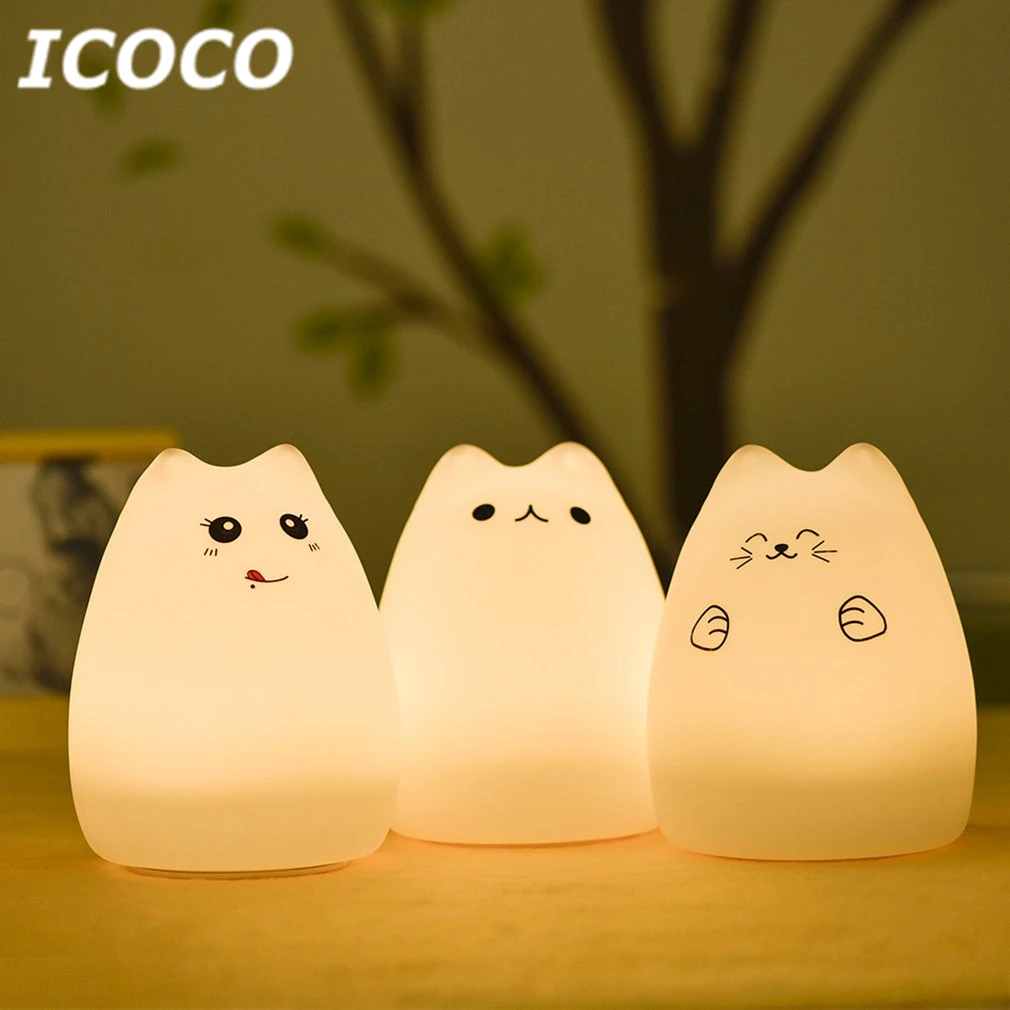 ICOCO 7 цветов сменная Милая мультяшная кошка из мягкого силикона Ночник подарок