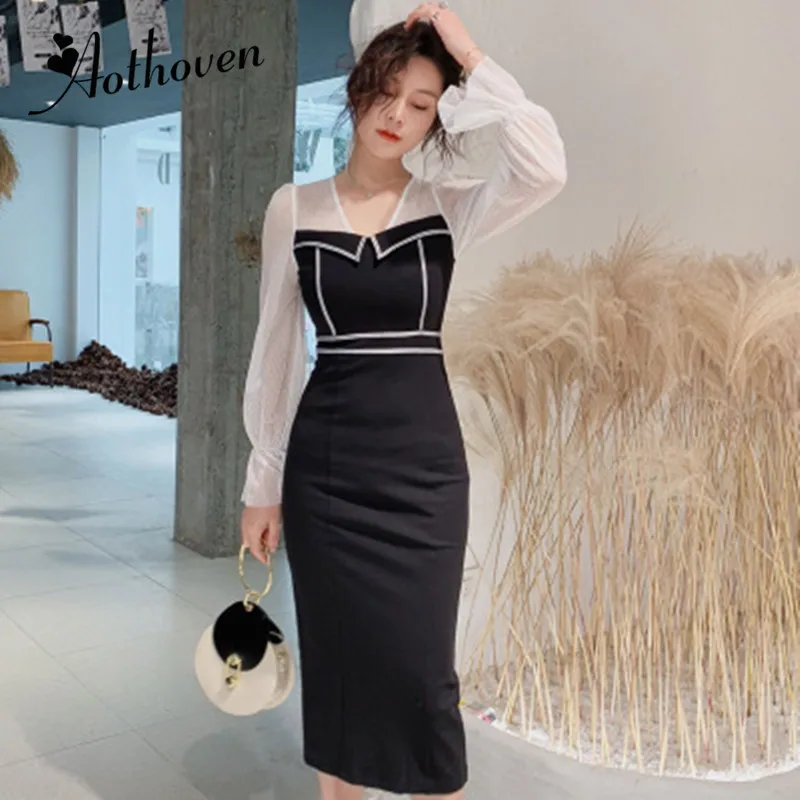 Spring Women Sexy Party Dress V Neck Full Flare Sleeve Bandage Bodycon Dresses Vestidos Elegant Mesh Patchwork Mid-Calf | Женская одежда