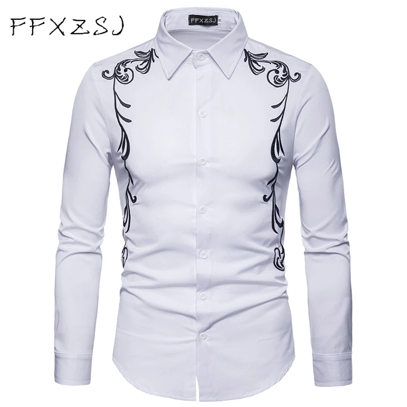 

FFXZSJ brand Spring Royal Court Style Solid Floral Embroidered Solid Dress Lapel shirt Slim Fit Casual Long Sleeve men Shirt