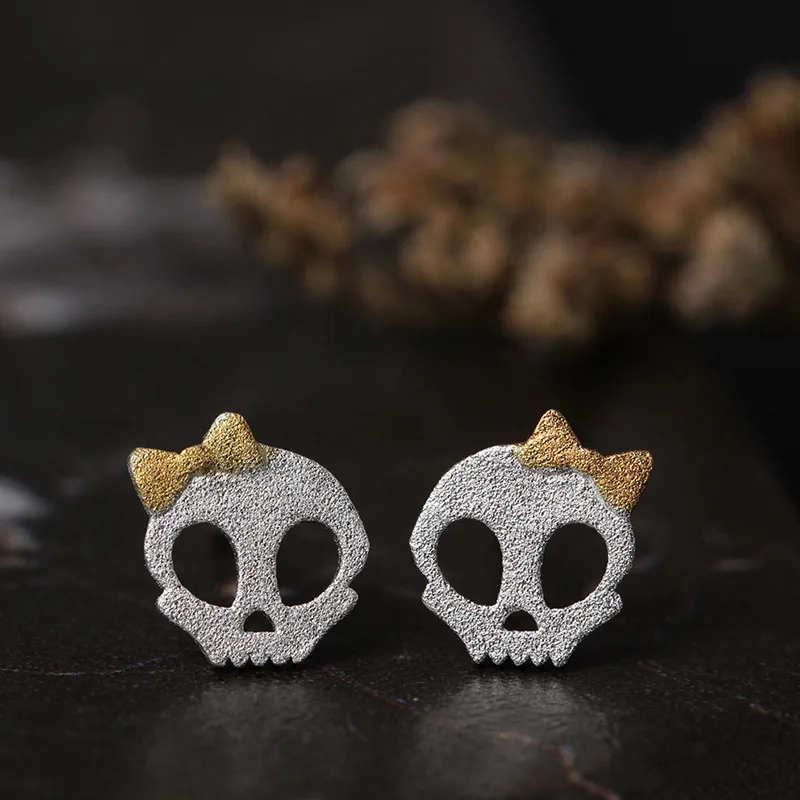 

925 Sterling Silver Bow Skull Stud Earrings For Women Personality Fashion Girl Gift Prevent Allergy Sterling-silver-jewelry